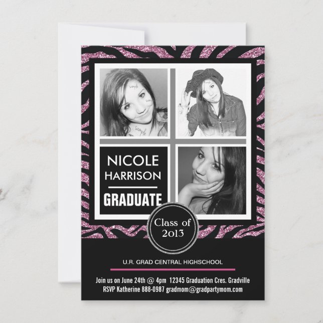 Mod Faux Pink Glitter Zebra 3 Photo Graduation Invitation (Front)