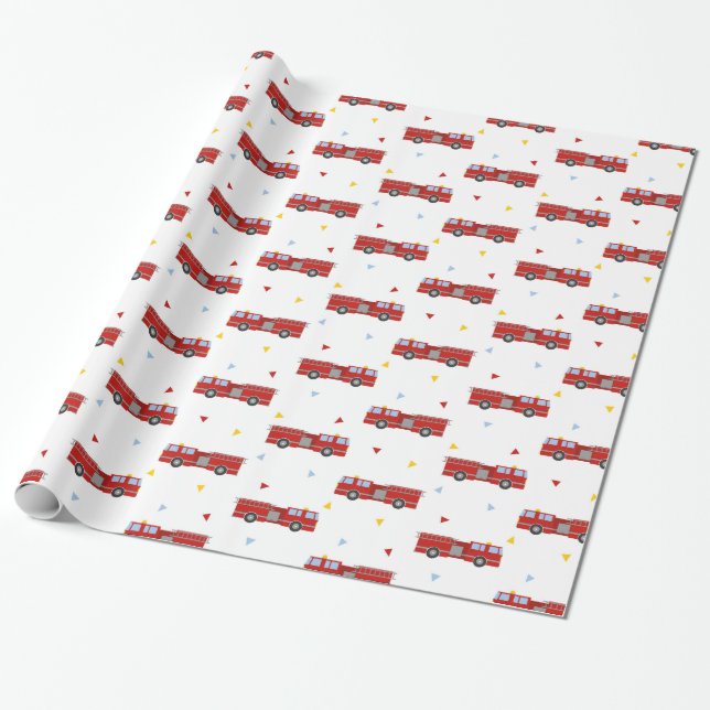 Mod Firetruck Party Pattern Wrapping Paper (Unrolled)