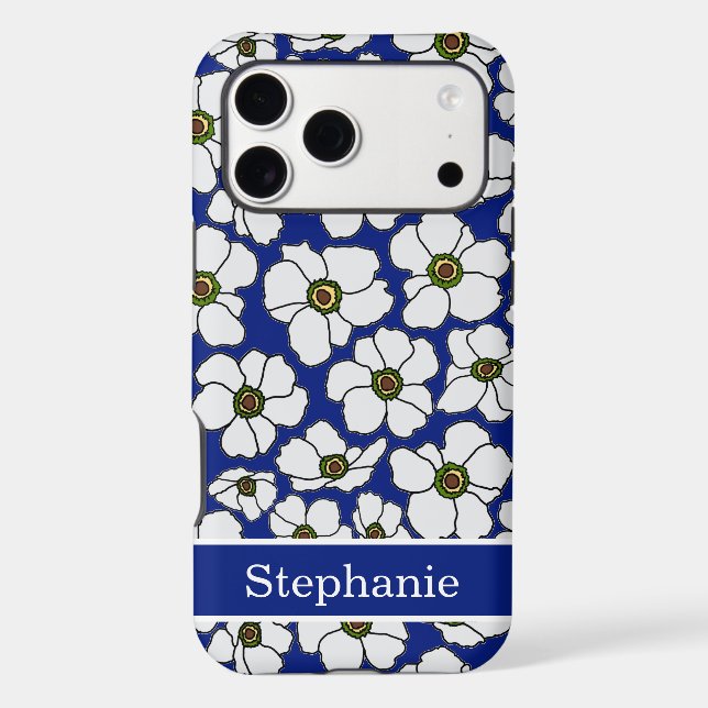 Mod Floral Print On Blue With Personalization  Case-Mate iPhone Case (Back)