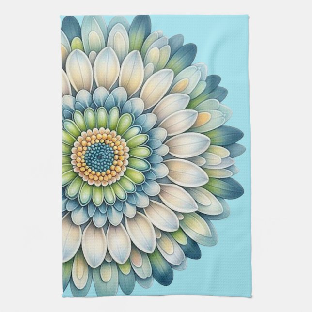 Mod Flower – Blue, Sage & Yellow Kitchen Towel (Vertical)
