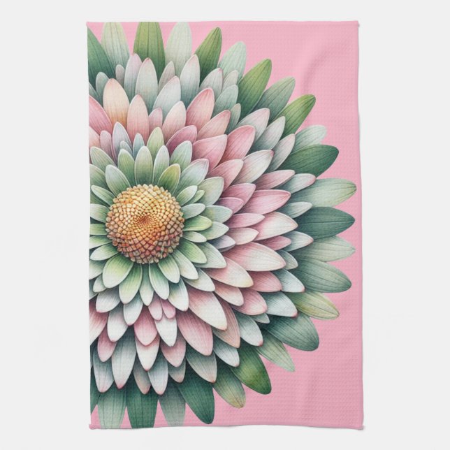 Mod Flower – Pink, Sage & Yellow Kitchen Towel (Vertical)