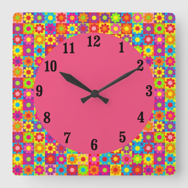 Mod Flower Power Square Wall Clock (Front)