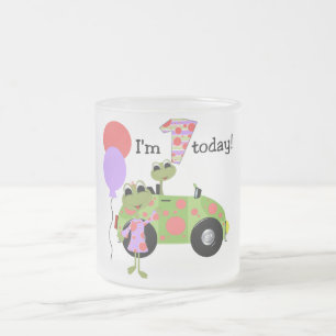 Mod Frogs 1st Birthday Frosted Glass Coffee Mug