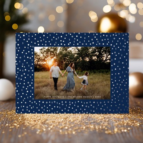 Mod Geometric Pattern Frame One Photo Navy Silver Foil Holiday Card