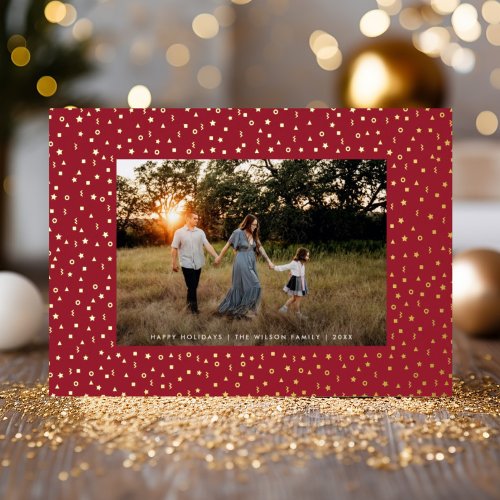 Mod Geometric Pattern Frame One Photo Red  Gold Foil Holiday Card