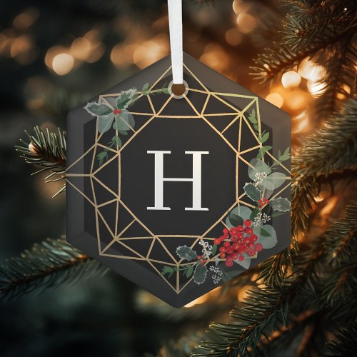 Mod Geometric Wreath Christmas Monogram Glass Ornament