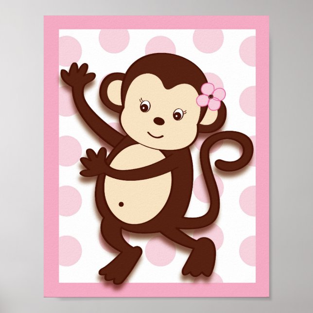Mod Girl Monkey Dots Nursery Wall Art Print (Front)