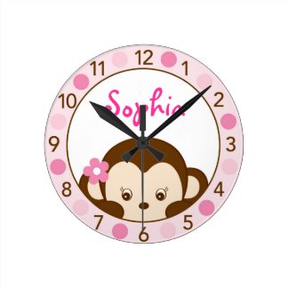 Mod Girl Monkey Personalized Nursery Wall Clock