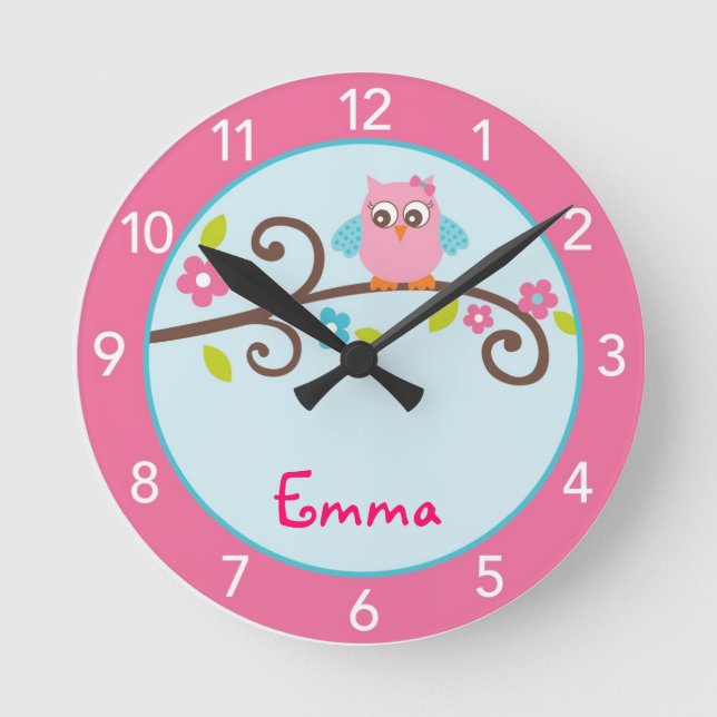 Mod Girl Owl Personalized Nursery Wall Clock (Front)