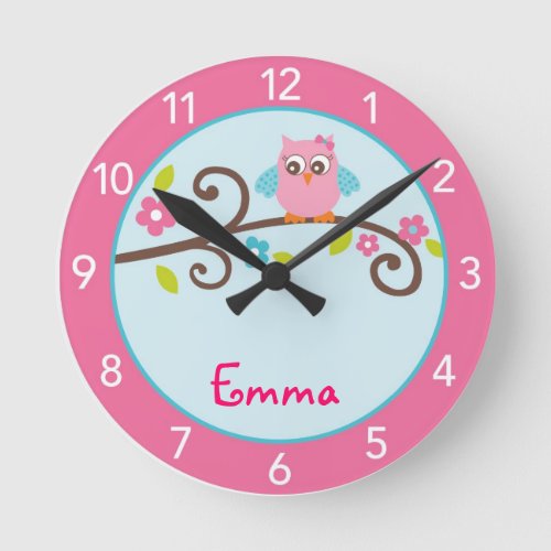 Mod Girl Owl Personalized Nursery Wall Clock