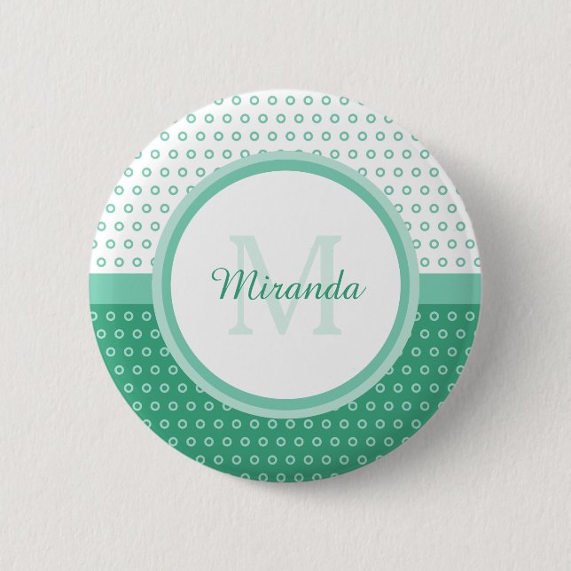 Mod Green and White Polka Dots Monogram With Name Button (Front)