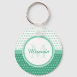 Mod Green And White Polka Dots Monogram With Name Keychain at Zazzle