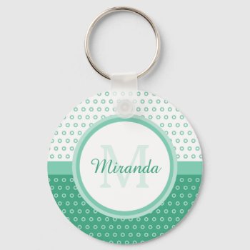 Mod Green And White Polka Dots Monogram With Name Keychain by ohsogirly at Zazzle