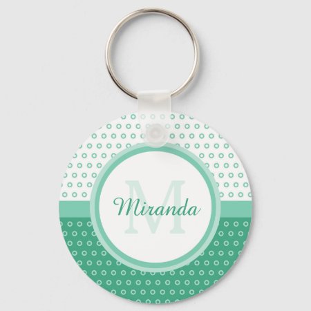 Mod Green And White Polka Dots Monogram With Name Keychain