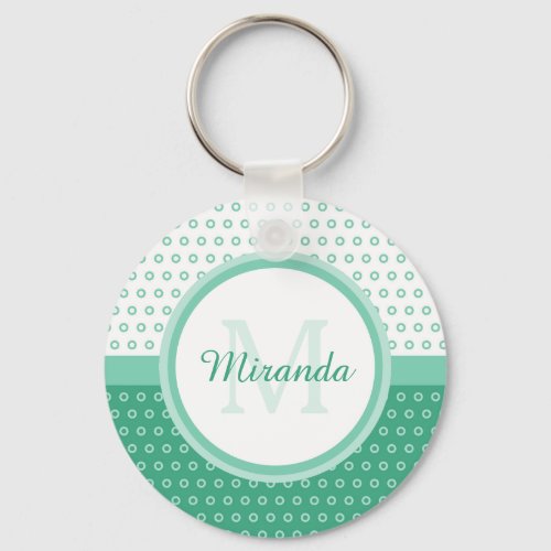 Mod Green and White Polka Dots Monogram With Name Keychain