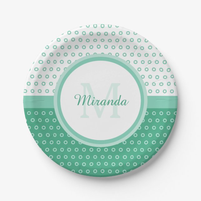 Mod Green and White Polka Dots Monogram With Name Paper Plates (Front)