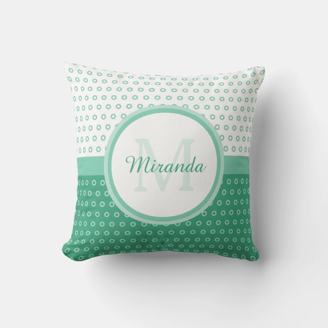 Mod Green and White Polka Dots Monogram With Name Throw Pillow (Front)