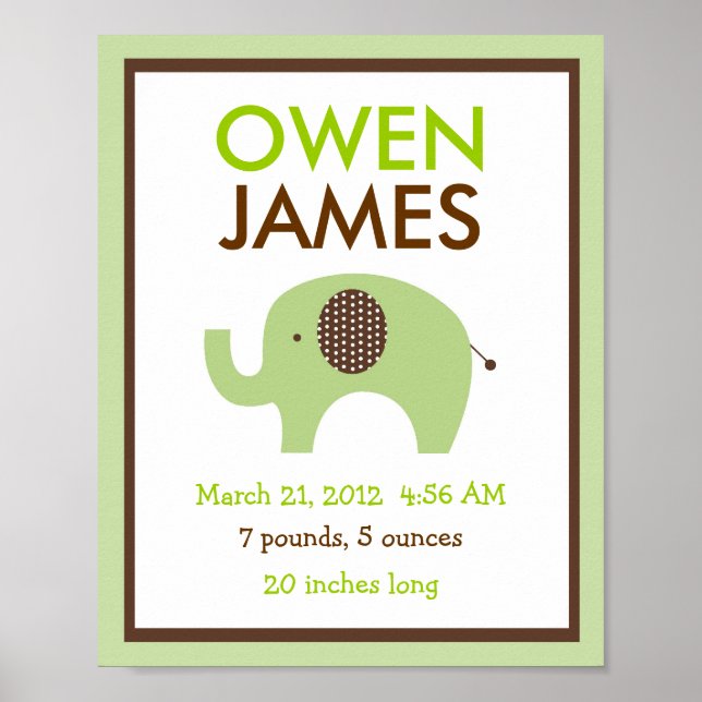 Mod Green Elephant Nursery Wall Art Birth Print (Front)
