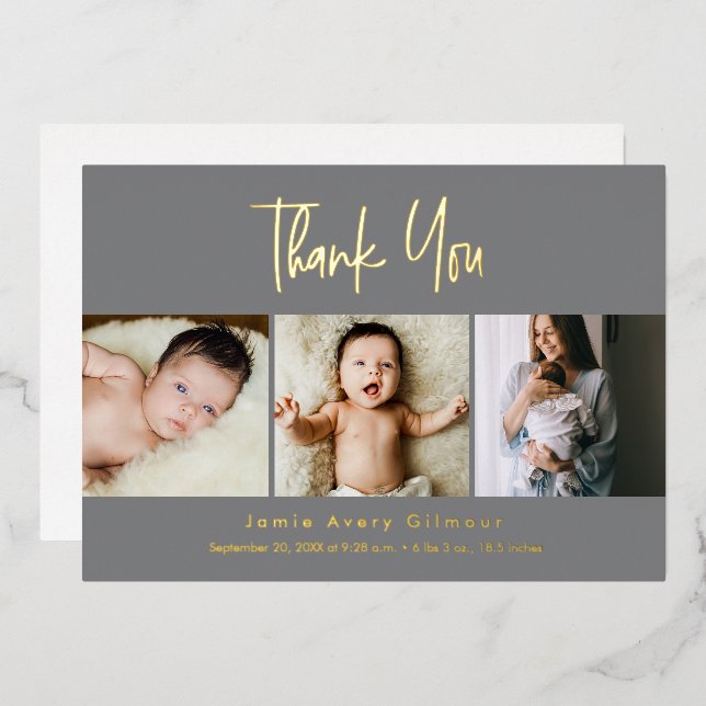 Mod Grey 3 baby Photos Luxe Gold Script Foil Holiday Card (Front/Back)
