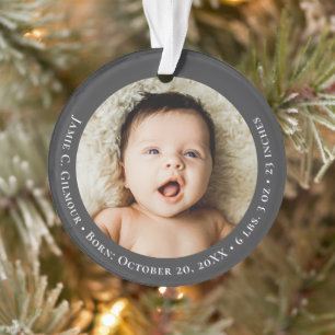 Mod Grey Baby's First Christmas 1 photo Birth date Ornament