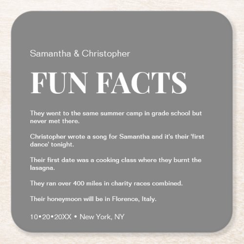 Mod Grey custom fun fact list Wedding  Square Paper Coaster