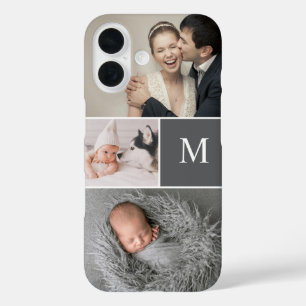 Mod Grey Custom Monogram Photo Collage iPhone 16 Case