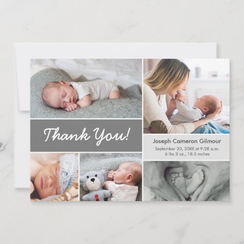 Mod Grey Custom Photo Collage Baby Boy Birth Thank You Card