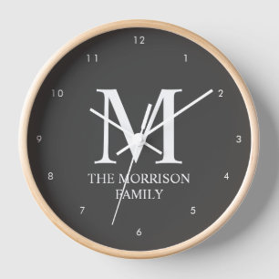 Mod Grey Personalized Family Monogram Clock