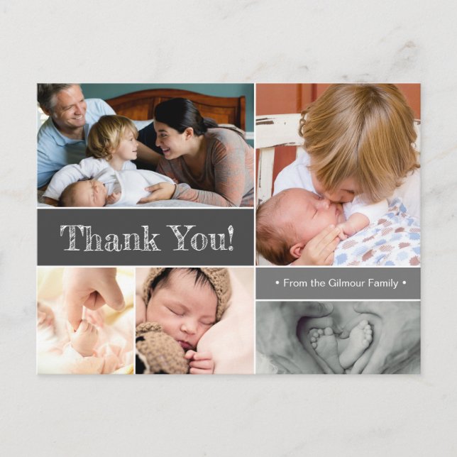 Mod Grey Thank You Introducing Second baby Photos  Announcement Postcard (Front)