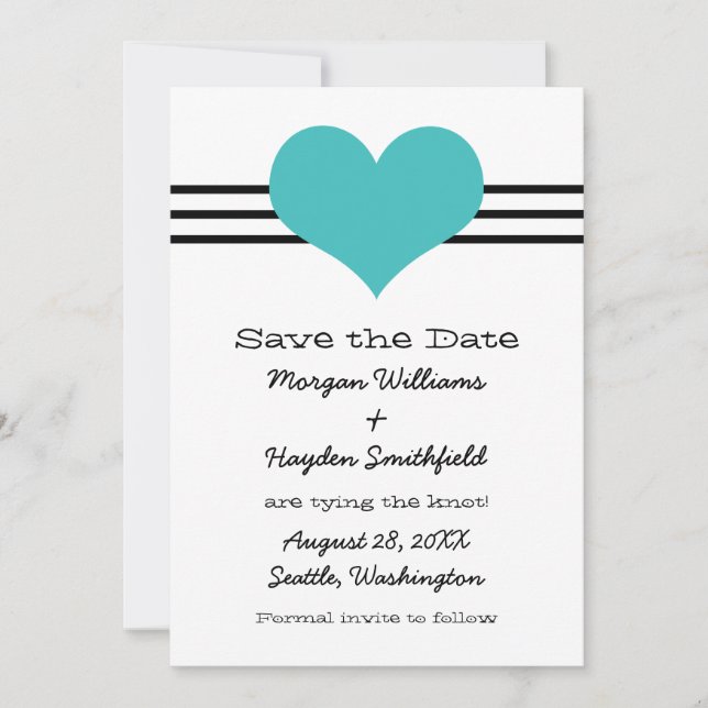Mod Heart Save the Date Invite, Aqua (Front)