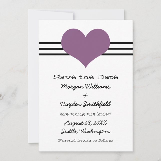Mod Heart Save the Date Invite, Purple (Front)