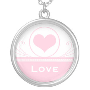 Mod Heart Swirls Necklace, Light Pink Silver Plated Necklace