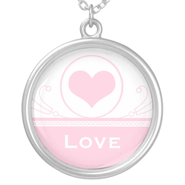 Mod Heart Swirls Necklace, Light Pink Silver Plated Necklace (Front)
