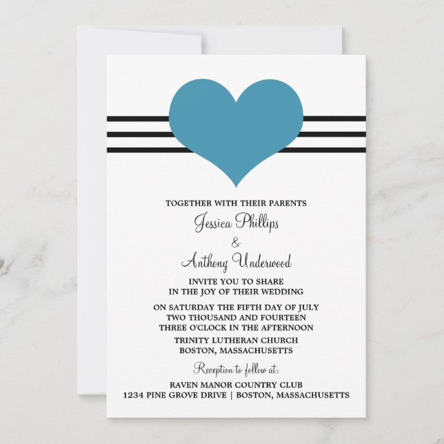 Mod Heart Wedding Invite, Blue Invitation (Front)
