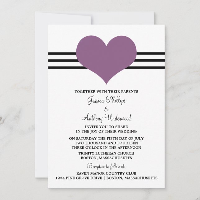 Mod Heart Wedding Invite, Purple Invitation (Front)