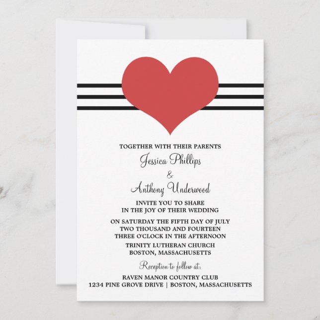 Mod Heart Wedding Invite, Red Invitation (Front)
