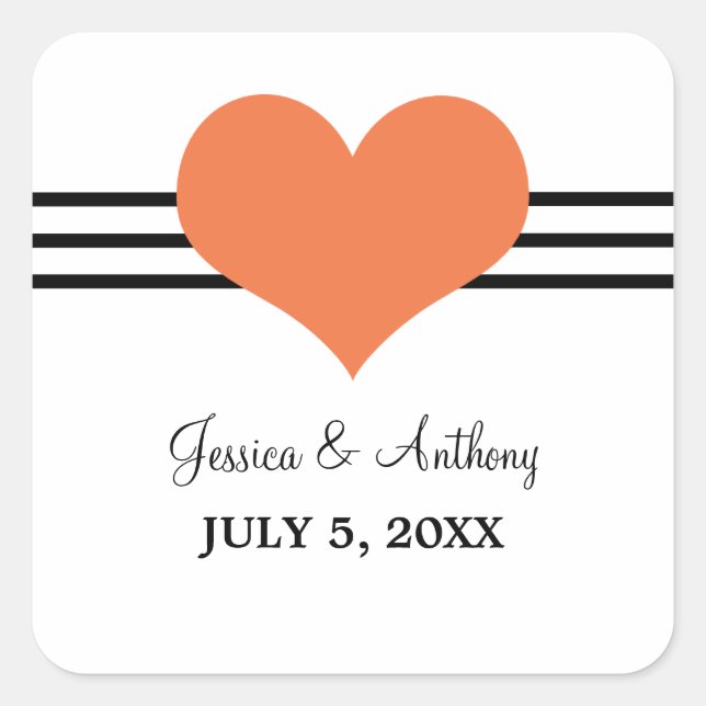 Mod Heart Wedding Stickers, Orange Square Sticker (Front)