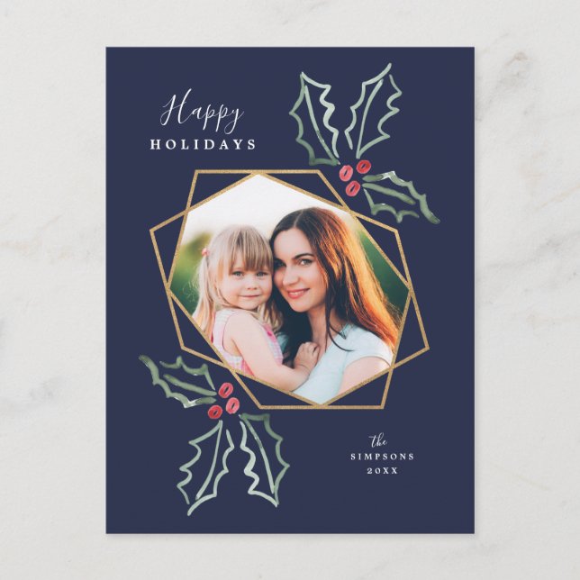 Mod Holly Gold Geo Photo Frame Navy | Holiday Card (Front)