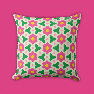 Mod Hot Pink Flowers with Green Geometric Floral Throw Pillow