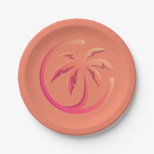 Mod Hot Pink Orange Palm Tree on Coral Paper Plates (Front)