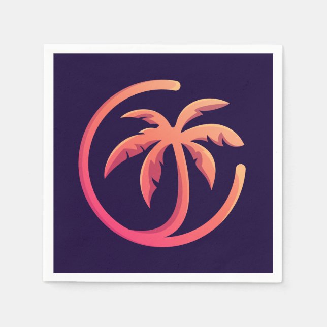 Mod Hot Pink Orange Palm Tree on Purple Napkins (Front)