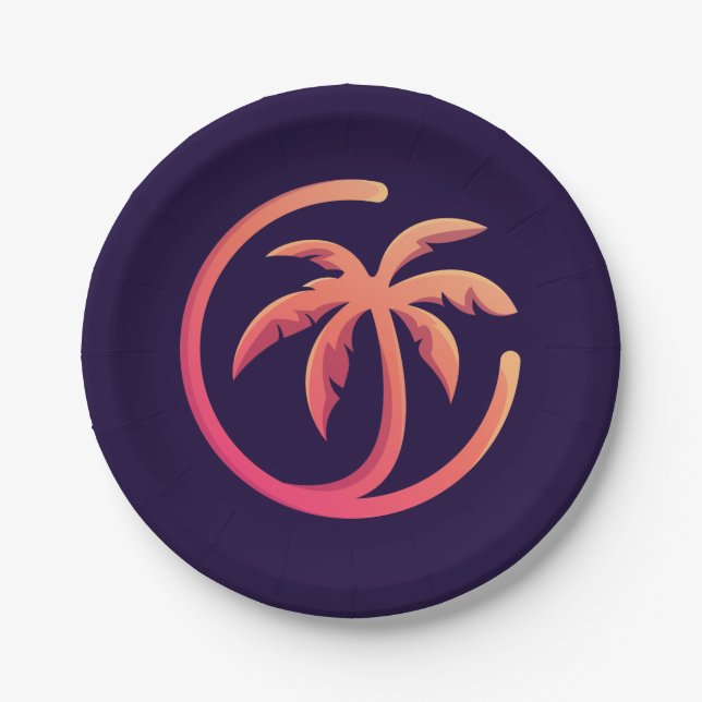 Mod Hot Pink Orange Palm Tree on Purple Paper Plates (Front)