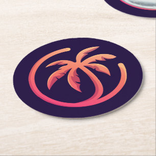 Mod Hot Pink Orange Palm Tree Round Paper Coaster