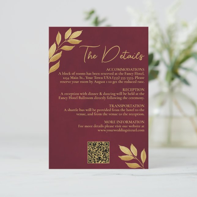 Mod Leaves Burgundy Gold Wedding Details QR Code Enclosure Card (Standing Front)