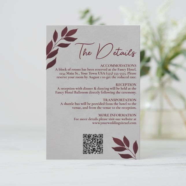 Mod Leaves Burgundy Gray Wedding Details QR Code Enclosure Card (Standing Front)