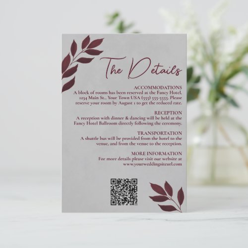 Mod Leaves Burgundy Gray Wedding Details QR Code Enclosure Card