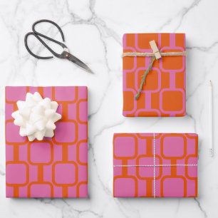 Mod Links Geometric Bright Pink & Orange Patterns Wrapping Paper Sheets