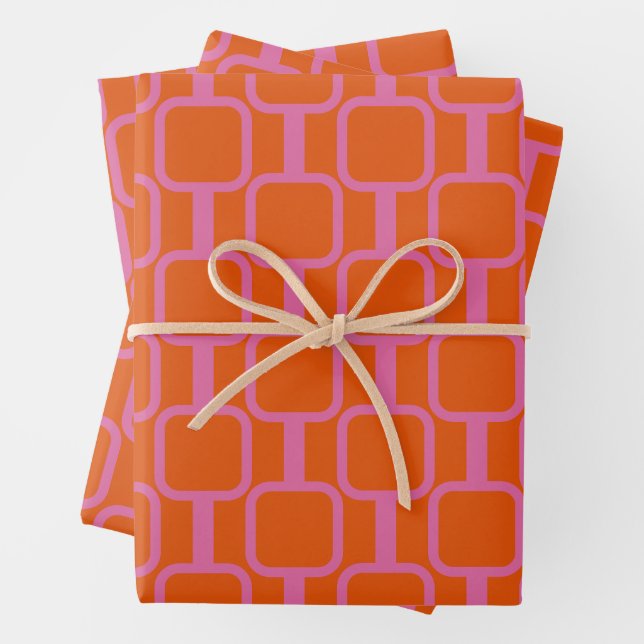 Mod Links Geometric Pattern in Bright Pink Orange Wrapping Paper Sheets (In situ)