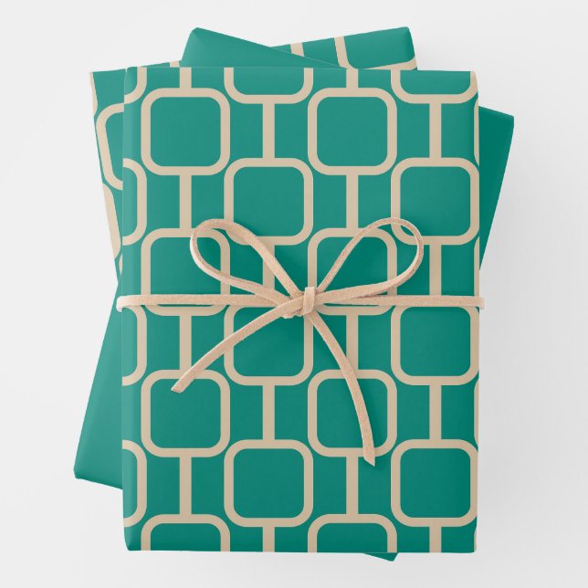 Mod Links Geometric Pattern in Mid Century Teal Wrapping Paper Sheets (In situ)