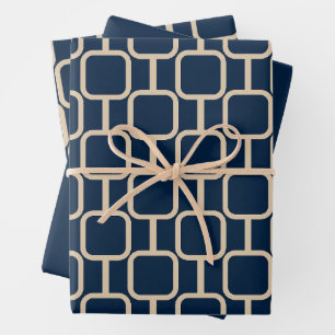 Mod Links Geometric Pattern Mid Century Dark Blue Wrapping Paper Sheets